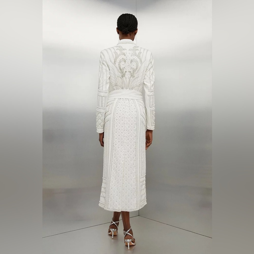 Karen Millen Pearl Embellished Woven Ivory Maxi Blazer Dress (NWT) - Picture 4 of 9